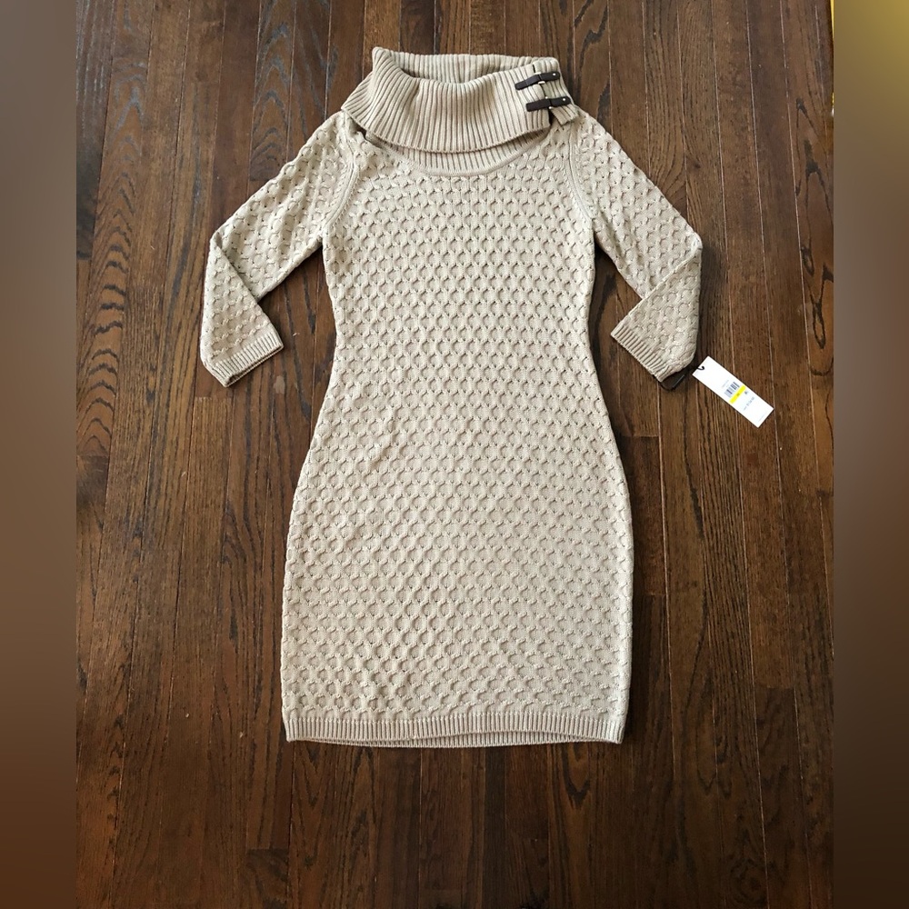 *NWT* Calvin Klein Women’s M Dark Tan Knit 3/4 Sleeves Cowl Neck Sweater Dress - Picture 1 of 14